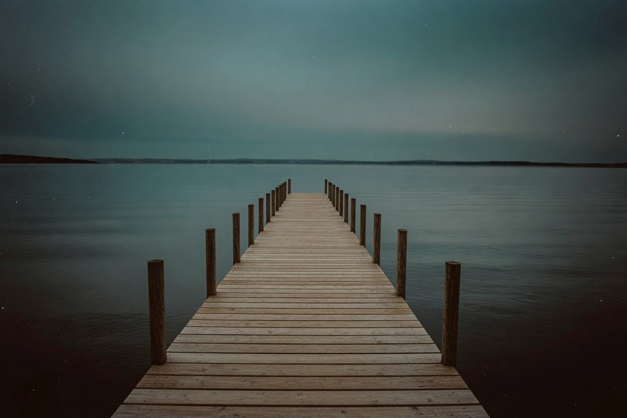 Weathered wooden jetty at dusk over dark calm water